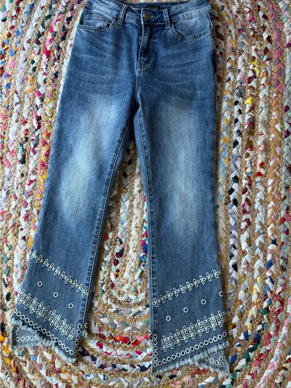Coco + Carmen Distressed Blue Cropped Jeans with Embroidered Hem